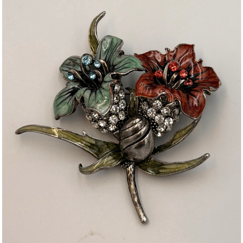 Vintage Enamel Floral Brooch with Rhinestones – Dual Flower Design 2254